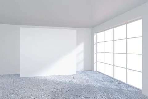 Empty bright office room with large billboard. Light ray on wall. 3D Rendering Illustrazione stock
