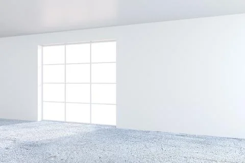 Empty bright office room with light ray on wall. 3D Rendering. Illustrazione stock