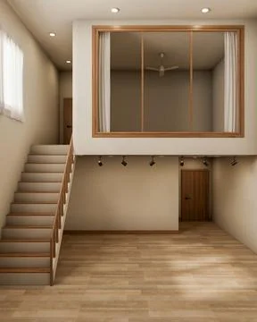 Empty bright two story room with staircase and ceiling lamp with glass wall.. Ilustración de archivo