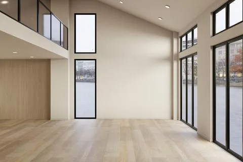 Empty bright two story room with glass window and ceiling lamp with white w.. Ilustración de archivo