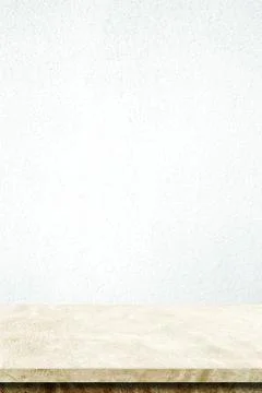 Empty brown cement table over white wall background, banner, table top, shelf Stock Photos