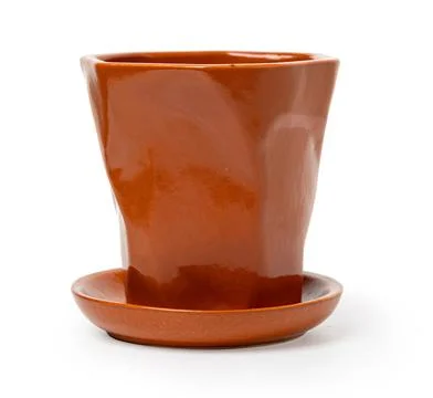 Empty brown ceramic flower pot with saucer on white background Stock Photos