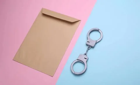 Empty brown envelope with metal handcuffs on pink and blue background Stock Photos