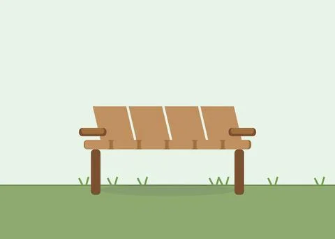 Empty brown park bench with wooden slats standing on green grassy lawn Stock-Illustration