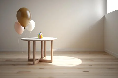 Empty brown table in room with balloons Stock Illustration