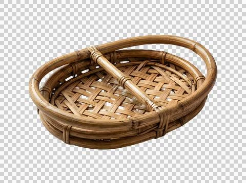 Empty brown woven wicker basket with a handle isolated on transparent backg.. Stock Photos