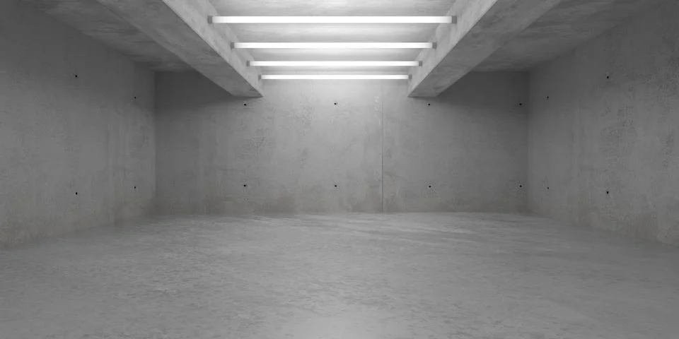 Empty brutalism abstract room with row of fluorescent light tubes at the ce.. Stock Illustration