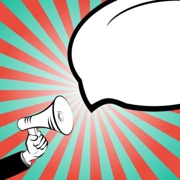 Empty buble speech. Hand with a megaphone. Illustrazione stock