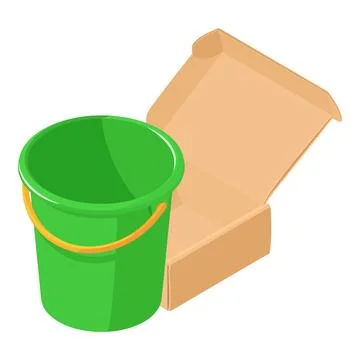 Empty bucket icon isometric vector. Plastic green bucket and postal package icon Illustration