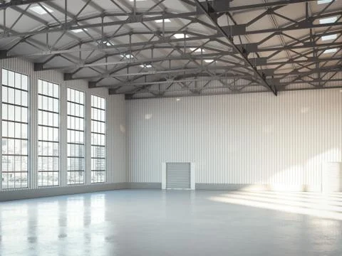 Empty building bright hangar interior. 3d rendering Ilustración de archivo