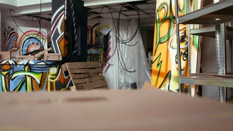 Empty building with destroyed items and graffiti paint Stock Footage 319521762
