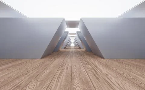 Empty building structure with wood floor, 3d rendering. Ilustración de archivo