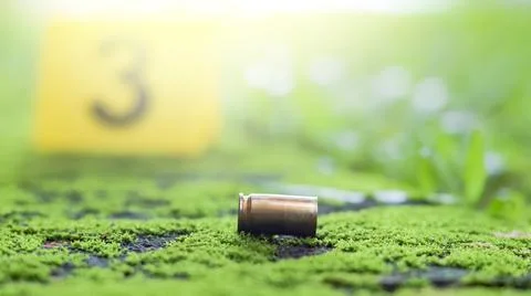 Empty bullet casing on a mossy surface, with a blurred black number 3 in th.. Stock Photos