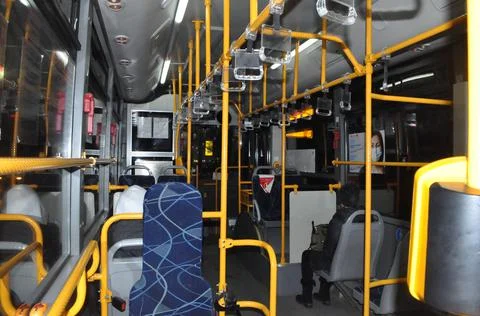 Empty bus cabin at night Foto stock