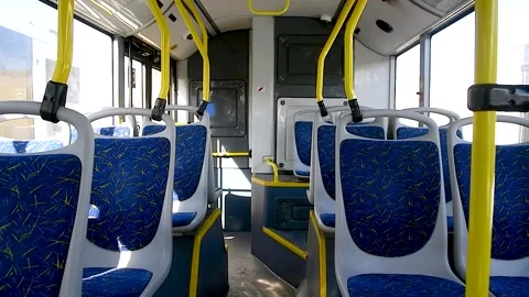 Empty bus interior. Seats without passengers. Public transport. 스톡 동영상 331206887