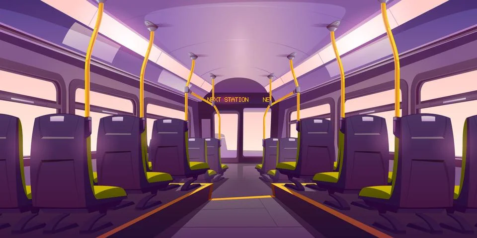 Empty bus or train interior with chairs back view Illustrazione stock