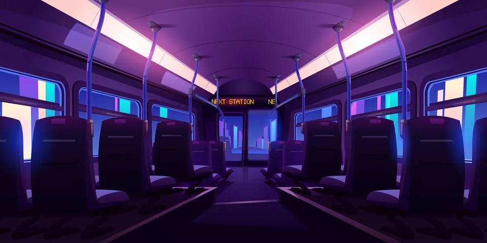 Empty bus or train interior with chairs at night Illustrazione stock