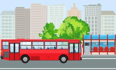 Empty Bus Stop and Bus with City Skyline Flat Design Style. Stock Illustration