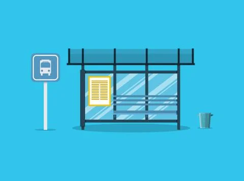 Empty Bus Stop with bench and trash Stock Illustration