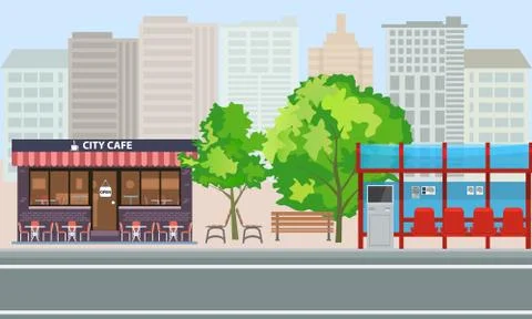 Empty Bus Stop with City Skyline Flat Design Style. Stock Illustration