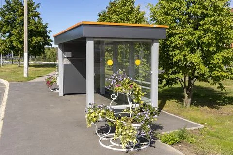 An empty bus stop decorated with beautiful flowers in pots and vases 库存照片