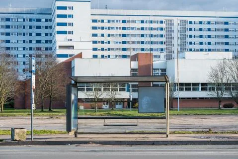 Empty bus stop during coronavirus near hospital Fotos Stock