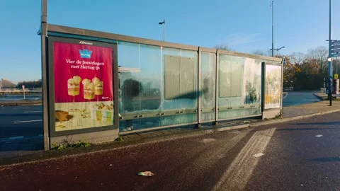 Empty bus stop shelter with advertisement for Hertog Ice Cream on a sunny Stock Footage 333813623