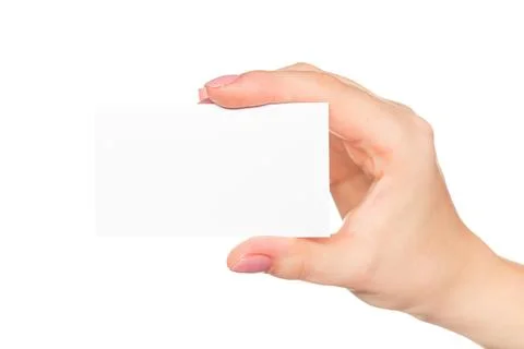 Empty business card held in a hand against a white background, presenting an Stock Photos