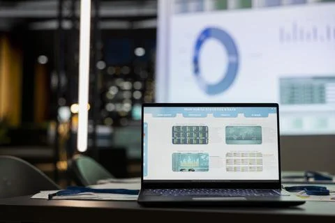 Empty business office equipped with analytics tools on a projection display Stock Photos