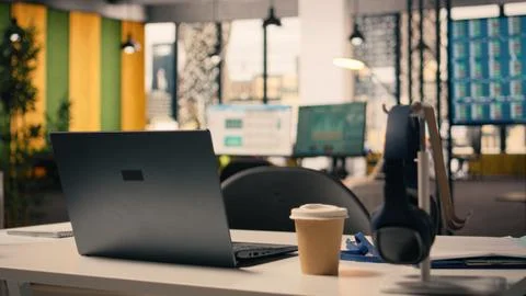 Empty business office, work environment with supplies, modern furniture Stock Photos