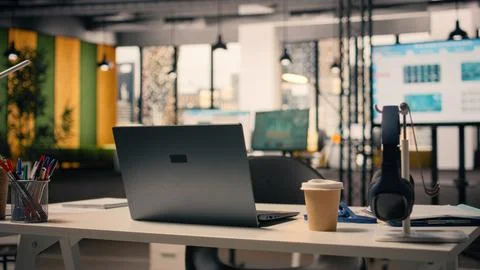 Empty business office, work environment with supplies, modern furniture Stock Photos