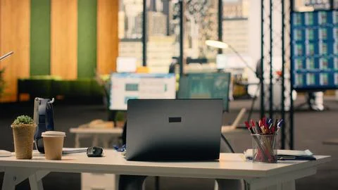 Empty business office, work environment with supplies, modern furniture Stock Photos