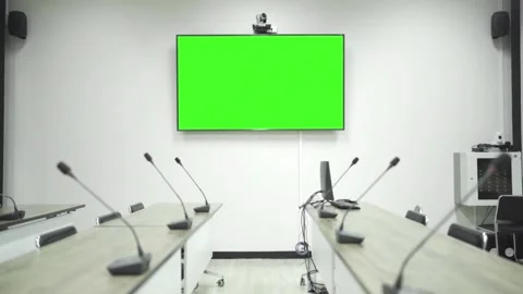 Empty business office with work tools on the table meeting table and monitor in Stock Footage 334027421