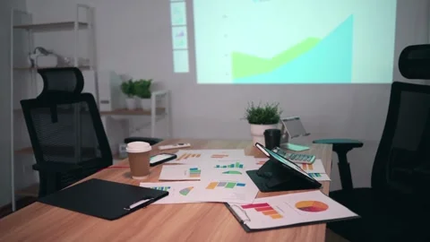 Empty business office with work tools on the table meeting table and monitor in 스톡 동영상 334027523