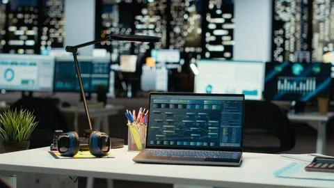 Empty business space at midnight showcasing data reports and analytics Stock Photos