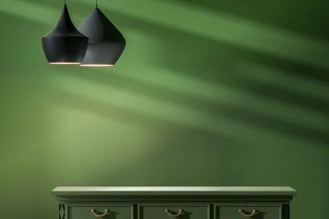 Empty cabinet table top for display product presentation andlamp on top Stock Photos