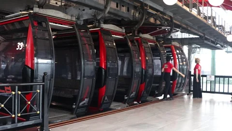 Empty cable cars arrive at the cable car station in Sun World Stock Footage 313325575