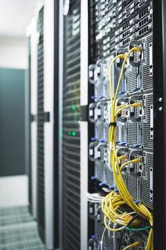 Empty, cables and hardware equipment in server room for database storage, c.. Stock Photos