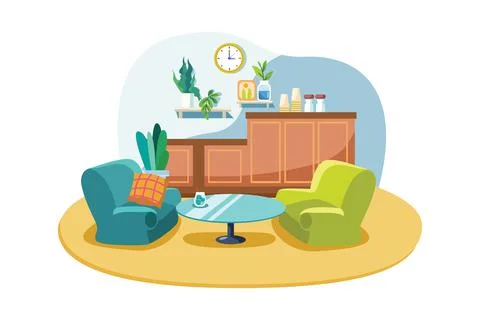 Empty cafe interior with bar stand, table and armchairs Stock Illustration