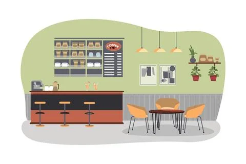 Empty cafe interior with bar stand, table, and armchairs Stock Illustration