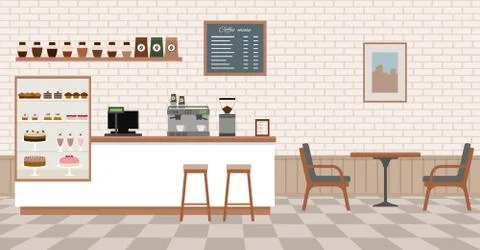 Empty cafe interior with bar stand,table and armchairs. Stock Illustration