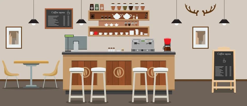 Empty cafe interior. Cofee shop Bar counter with flat and solid color style Stock Illustration