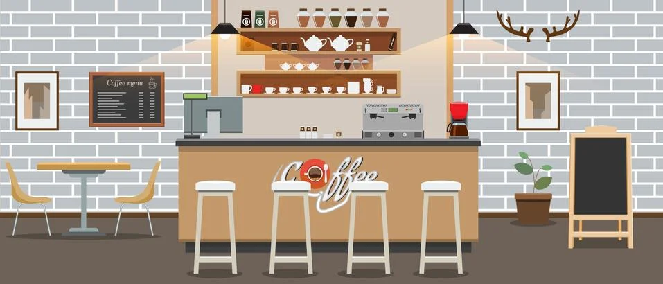 Empty cafe interior. Cofee shop Bar counter with flat and solid color style Stock Illustration