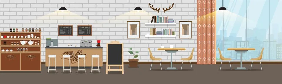 Empty cafe interior. Cofee shop Bar counter with flat and solid color style Stock Illustration