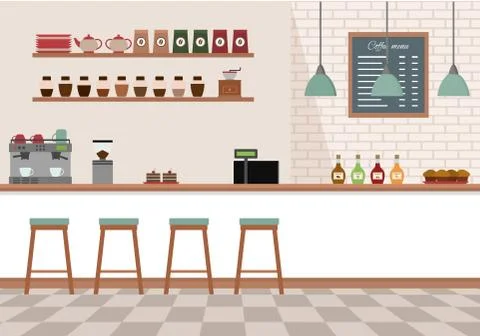 Empty cafe interior. Coffee shop with white bar counter, shelves and equipments. Stock Illustration