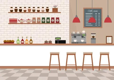 Empty cafe interior. Coffee shop with white bar counter, shelves and equipments. Stock Illustration