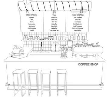 Empty cafe interior contour. Flat design vector illustration. Interior Stock Illustration
