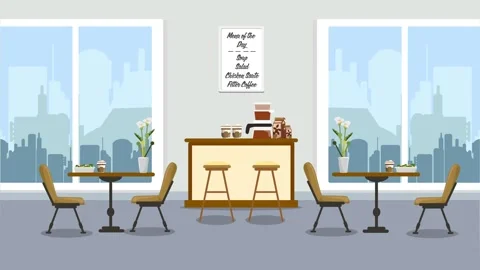 Empty cafe interior design 2D Animation. Coffee shop and empty table and chairs. Video stock 258820201