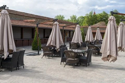 Empty cafe tables close-up as a background 스톡 사진