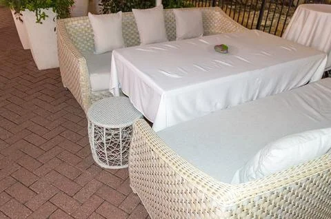 Empty cafe tables close-up as a background Photos